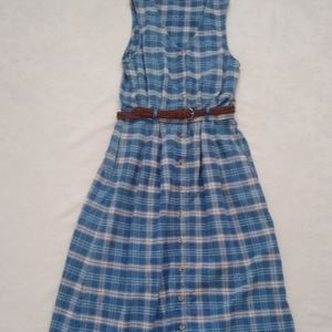 Vintage maxi plaid gingham blue jean denim Braided belt v-neck pockets Dress